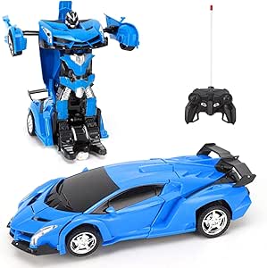 Remote Control Car Robot, Car Toys, 360 Degree Rotating with One-Button Deformation with LED Light, Robot Cars Toy for Kids (Blue2)