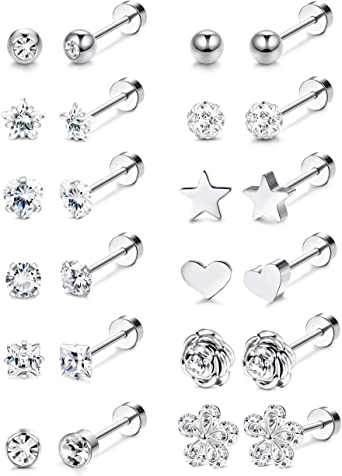 LOLIAS 12 Pairs 18G Barbell Stud Earrings for Men Women Stainless Steel Ball CZ Cartilage Helix Surgical Flatback Earrings Set