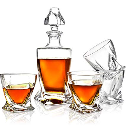ELIDOMC 5PC Twist Whiskey Decanter Set, Crystal Whiskey Decanter With 4 Double Bourbon Glasses, 100% Lead Free Whiskey Decanter And Glass Set
