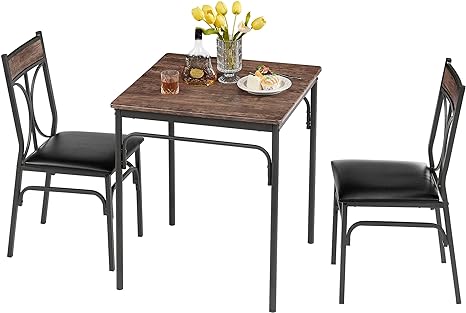 VECELO 3-Piece Table Small Space with Pu Cushion Chair for Dinette Room Kitchen Bar Breakfast, Vintage, Dining Set for 2, Retro Brown