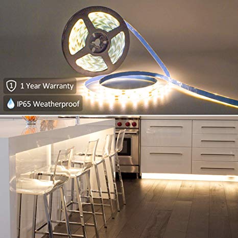HitLights Weatherproof Warm White LED Light Strip, Tape Light for Home, Office, Bathroom, Cabinet and More 16.4ft, 300 LEDs, 3000K, 72 Lumens per Foot 12V DC