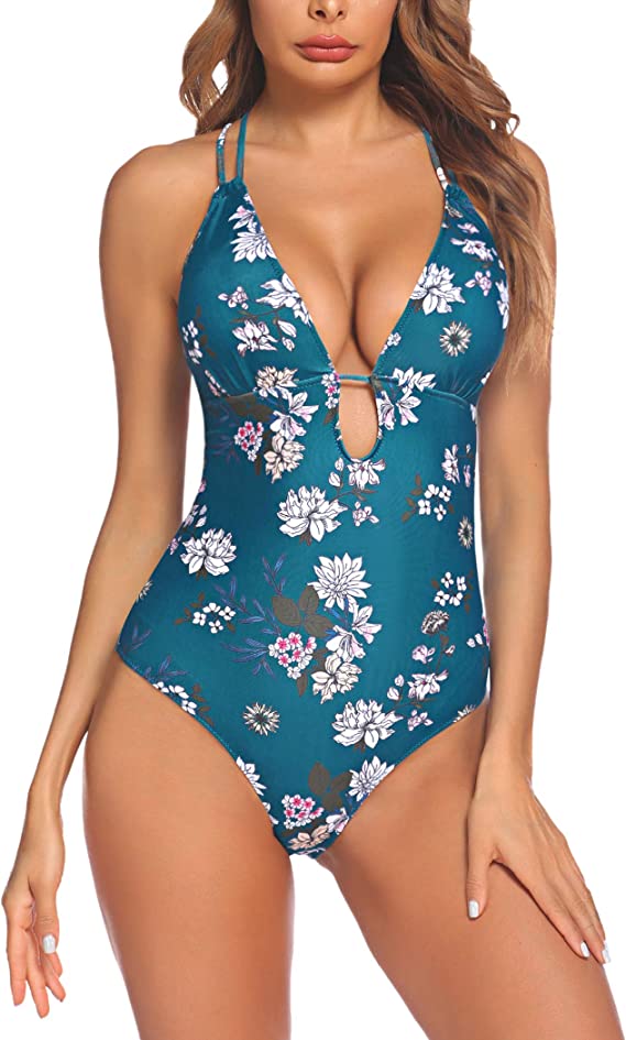 ELOVER Women One Piece Swimsuit Padded Monokini V Neck Swimwear Halter Bathing Suit