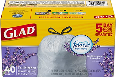 Glad OdorShield Tall Kitchen Drawstring Trash Bags, Mediterranean Lavender, 13 Gallon, 40 Count (Packaging May Vary)