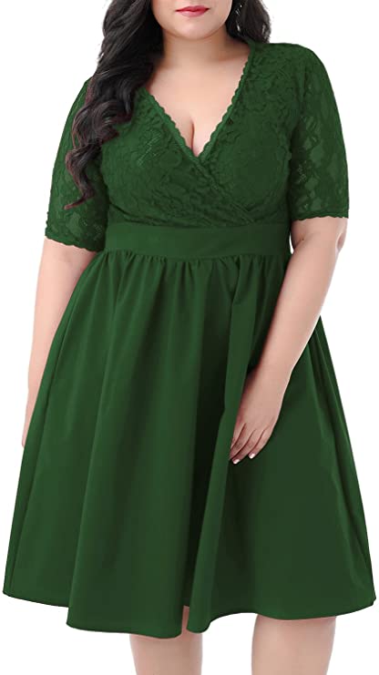 Nemidor Women's Half Sleeves V-Neckline Lace Top Plus Size Cocktail Party Swing Dress