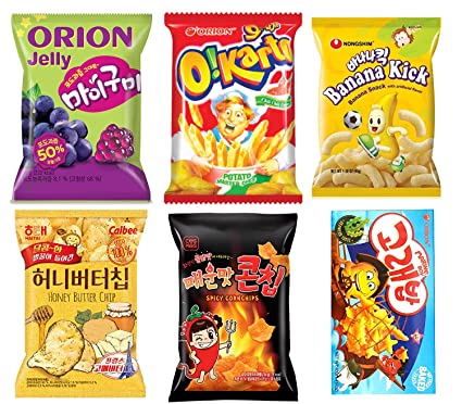 Variety Korean Snacks - Okarto Chili, honey butter chip, Marine Boy, Banana Kicks, Spicy Corn Chip, and My Gummy (6 Count) Essentials Single Packs of Snack, Chips, Cookies, Treats for Kids, Children, College Students, Adult and Senior Treats By Unha's Asian Snack Box