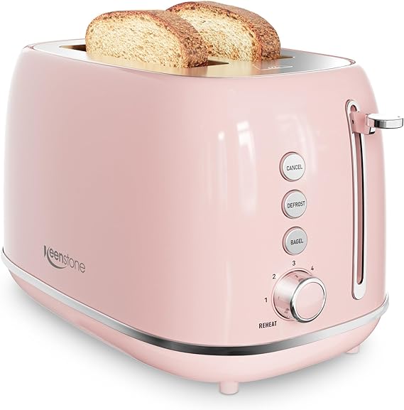 2 Slice Toaster Retro Stainless Steel Toaster with Bagel, Cancel, Defrost Function and 6 Bread Shade Settings Bread Toaster, Extra Wide Slot and Removable Crumb Tray (Pink)