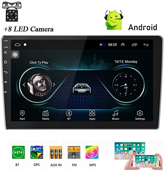Podofo Android Double Din GPS Car Stereo Radio 10.1'' HD 1080P 2.5D Tempered Glass Mirror Car MP5 Player with Bluetooth WiFi GPS FM Radio Receiver with Rear Camera