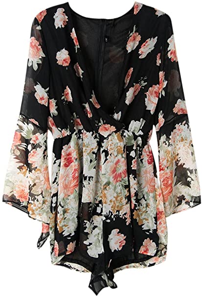 PERSUN Women Limited Black Floral Print Romper Playsuit with Long Flare Sleeves