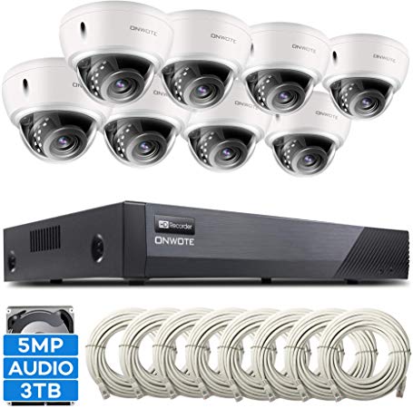 【Audio】 ONWOTE (8) 5MP Dome PoE Security Camera System 3TB HDD, Vandal-Proof, 8CH H.265 5MP NVR, 8Pcs Outdoor 5 Megapixels 2592x 1944P Ethernet IP Security Cameras, 100ft Night Vision, Wide Angle