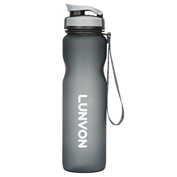 Lunvon 34 Ounce/1 L Sports Water Bottle, Leak Proof BPA Free, Large Capacity Bottle with Twisting-Lid and Carry Loop for Gym, Outdoor, Hiking, Camping, Climbing, Traveling, Gray