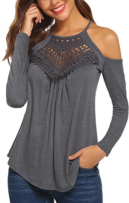 Women's Off The Shoulder Tops Casual Fall Lace Long Sleeve T Shirts Blouses