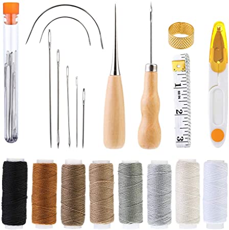 29 Pcs Upholstery Repair Kit, Leather Craft Tools Set Include Wax Thread&Tape Measure&Hand Sewing Needles&Scissors&Mid-Hole Cone&Log Cone&Copper Ring Thimble, Canvas DIY Tool Set for Leather Repair