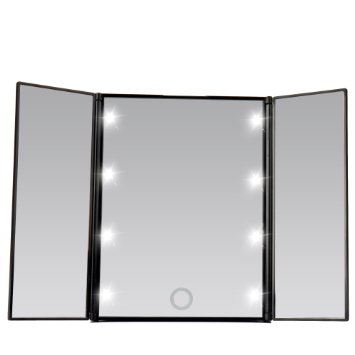 Miss Sweet Tri-Fold Lighted Led Travel Mirror Compact for Cosmetic Makeup (Black)