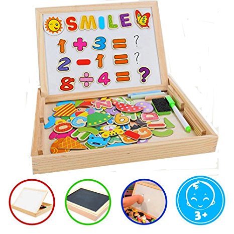Wooden Kids Toy Magnetic Board Puzzle Games, Cooljoy Double Face Jigsaw& Drawing Easel Chalkboard Educational Learning Toys for Kids 3 4 5 Years Old (Number Pattern)