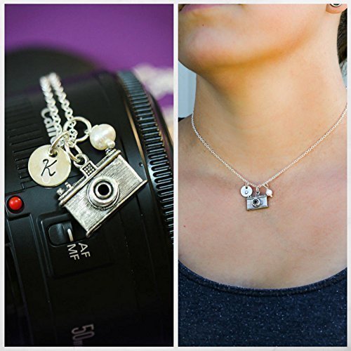 Personalized Camera Necklace – DII - Photographer Gift – Handstamped Handmade Jewelry – 3/8 Inch 9MM Disc – Customize Initial – Choose Crystal Color – Fast 1 Day Shipping