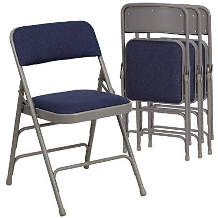 4 Pk. HERCULES Series Curved Triple Braced & Double Hinged Navy Fabric Upholstered Metal Folding Chair