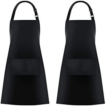 Jubatus 2 Pack Bib Aprons with 2 Pockets Cooking Kitchen Apron for Women Men Chef with Adjustable Neck Strap and Extra Long Ties One Size Fits Most, Black
