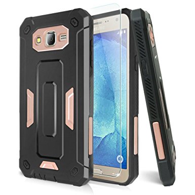Galaxy J7 (2015) Case, Galaxy J700 Case With TJS Tempered Glass Screen Protector Included, Tough Shockproof Armor Hybrid Rugged Hard Drop Protection Case For Samsung Galaxy J7/J700 (Rose Gold)