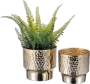 MyGift 5 and 6 Inch Modern Hammered Brass Tone Metal Planter Pots, Decorative Flower Pot Plant Container Centerpiece Décor, 2 Piece Set - Handcrafted in India