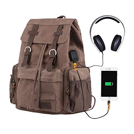 P.KU.VDSL Canvas Backpack for Men, Vintage Rucksack 25L with USB Charging Port for Women Travel Hiking, Fit 17’’ Laptop (Coffee-Large-USB)