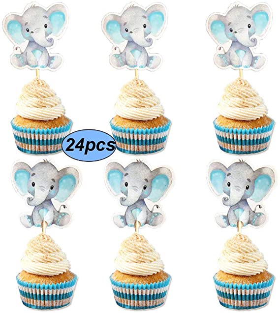 Double Sided Blue Baby Elephant Cupcake Toppers Birthday Party or Baby Shower Food Picks Decor and Party Supplies,Set of 24
