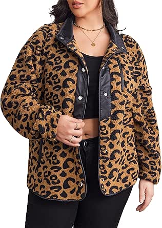 IN'VOLAND Women's Plus Size Fleece Jacket Western Aztec Print Shacket Long Sleeve Coat Snap Button Outfit with Pockets