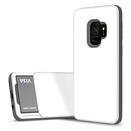 Galaxy S9 Case, DesignSkin [Slider] Sliding Card Holder Slot Store 2 cards 3-Layer Cushion Bumper Protection Shock Absorption Shockproof Extreme Heavy Duty Wallet Case Galaxy S9 (White)
