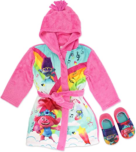 Dreamworks Trolls Girls' Robe Pajama Set, Poppy Branch PJs with Cozeez Slippers Gift Set, Size 2T to 6/6X