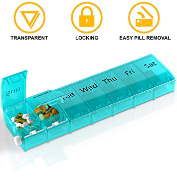 Double Locking Pill Organizer Pills Sorter 7 Day Travel Pill Box for Your Supplements and Vitamins Weekly Medicine Holder Container Portable Medication Dispenser Daily Pill Reminder Vitamin Storage