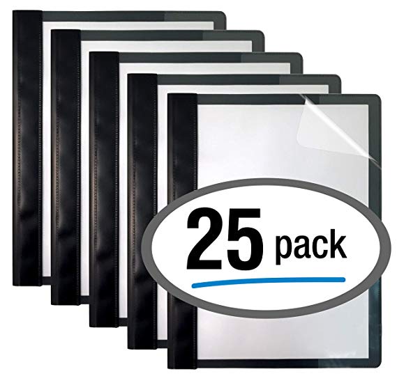 Ultra Durable Clear Front Report Covers, 25 Per Box, Letter Size, Black, Poly Back Cover, with Fasteners, Lay Flat, by Better Office Products, Box of 25