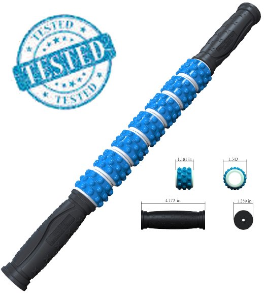 The Muscle Stick Elite - Rubber Massage Roller - Better Than Foam Roller - Deep Tissue Muscle Recovery - Trigger Point Relief of Soreness - No Flex Perfect Pressure - Guaranteed - Blue Knobby Soft