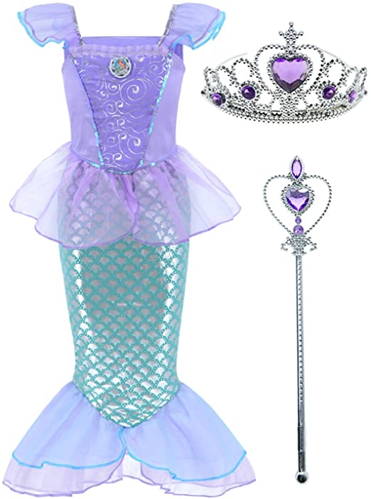 Little Girls Mermaid Princess Costume Dress for Girls Dress Up Party with Crown Mace 4-12 Years