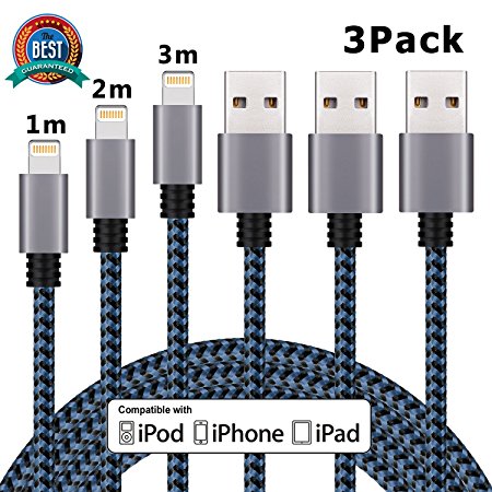 iPhone Charger, Cablex Lightning to USB Cable 3Pack 3FT 6FT 10FT Nylon Braided Charging Cord Compatible with iPhone X 8 8Plus 7 7Plus 6s 6sPlus 6 6Plus SE 5 5s 5c iPad iPod & More (Blue)
