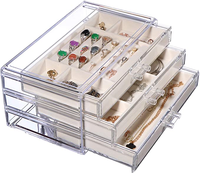 Jewelry Box for Women with 3 Drawers,Clear Jewelry Organizer Velvet Rings Necklaces Earring Bracelets Display Case Stand Holder Tray for Girls,Beige By Cq acrylic