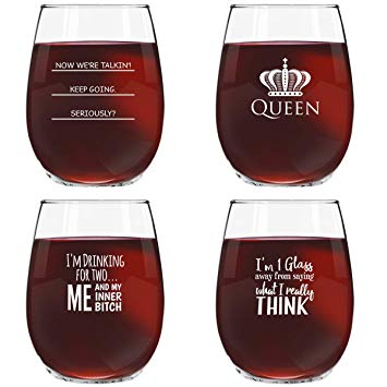 Funny Stemless Wine Glasses Set of 4 (15 oz)- Funny Novelty Wine Glassware Gift for Women- Party, Event, Hosting Fun- Wine Lover Wine Glass with Funny Sayings