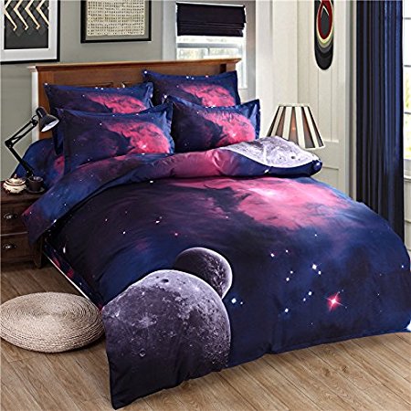 Sandyshow Galaxy Quilt Cover Galaxy Duvet Cover Galaxy Sheets Space Sheets Outer Space Bedding Set Fitted/Flat sheet with 2 Matching Pillow Cases Queen Size(Comforter Not Include) (Fitted Sheet, 4)
