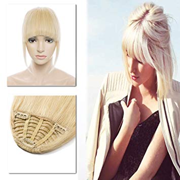 Clip in Blonde Human Hair Bangs with Temple Full Fringe One-Piece Short Straight Clip on Extensions Hair Piece for Women #613 Bleach Blonde