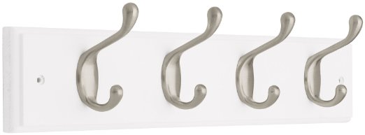 Liberty 129849 18-Inch Coat and Hat Hook RailRack with 4 Heavy Duty Hooks White and Satin Nickel