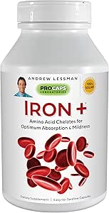 Andrew Lessman Iron Plus 360 Capsules – 18mg Iron, Pure Amino Acid Chelated Iron (Glycinate & Aspartate), plus Vitamin C for Increased Absorption, Small, Easy to Swallow Capsules, No Additives