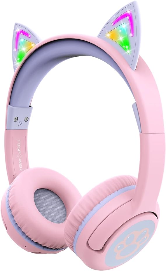 FosPower Bluetooth Kids Headphones with LED Cat Ears (Safe Volume Limit 85 dB), 3.5mm Audio Cable Included, Wireless or Wired Connected for Boys/Girls/School/Travel - Light Pink/Light Purple