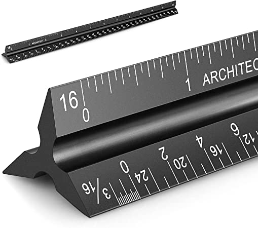 12" Architectural Scale Ruler Aluminum Architect Scale Triangular Scale Ruler for Architects, Draftsman, Students and Engineers, Black