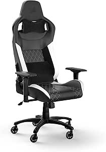 Corsair T1 RACE (2023) Fauteuil Gaming – Inspiré des Sports Automobiles – Revêtement en cuir synt – Armature en Acier – Accoudoirs 4D Hautement Ajustables – Noir et Blanc