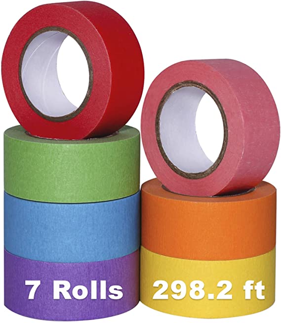 Colored Masking Tape, Arts Painters Tape with Rainbow Colors for Kids Craft Paper Tape Decorative Colorful Teacher Tape for DIY Labeling Coding School Projects 7 Rolls, 1 Inch x 42.6ft