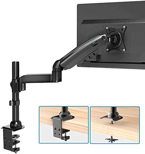 HUANUO Single Monitor Stand - Gas Spring Single Arm Monitor Desk Mount Fit 17 to 32 inch Screens, Height Adjustable VESA Bracket with Clamp, Grommet Mounting Base, Hold up to 19.8lbs