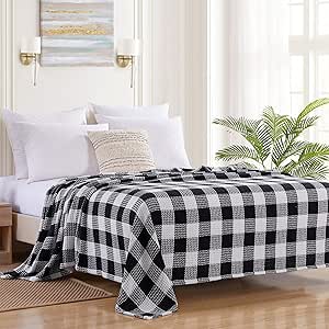 Fine Cotton Blend Blanket Luxurious Weave Stylish Design Soft and Comfortable All Season Warmth, Full/Queen, Buffalo Plaid Black White(Pack of 1)