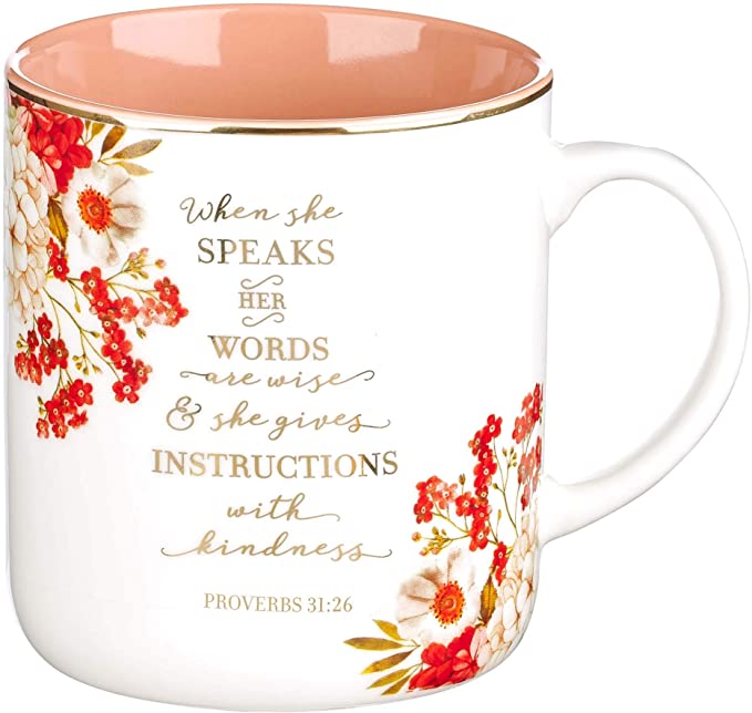 When She Speaks Proverbs 31 Woman Bible Verse Ceramic Coffee/Tea Mug Pink/Red w/Gold Metallic Floral Christian Coffee Mug for Women, 14 oz