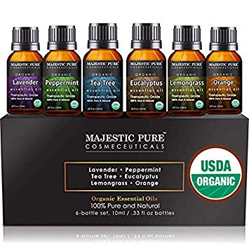 MAJESTIC PURE Aromatherapy Essential Oils Set, Organic Certified Essential Oil Set Includes Lavender, Peppermint, Tea Tree, Eucalyptus, Lemongrass and Orange Oils - Pack of 6-10 ml Each