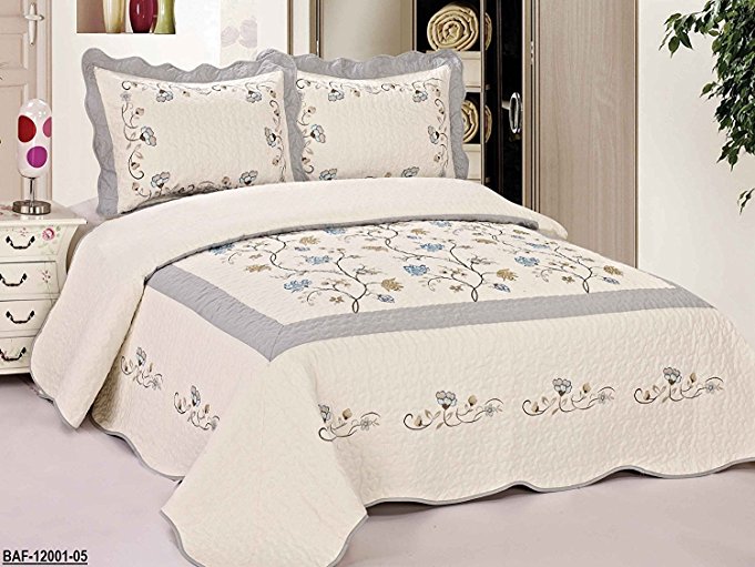 3pcs High Quality Fully Quilted Embroidery Quilts Bedspread Bed Coverlets Cover Set , Queen King (Beige/Grey)