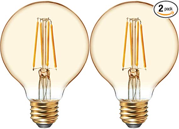 GE Lighting 42173 Amber Glass Light Bulb Dimmable LED Vintage Style G25 Decorative Globe 4.5 (40-Watt Replacement), 280-Lumen Medium Base, 2-Pack, 2