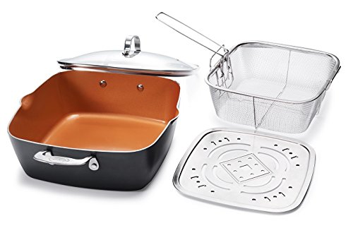 Gotham Steel XL 11" Copper Deep Square All in One 6 Qt Casserole Chef’s Pan- 4 Piece Set